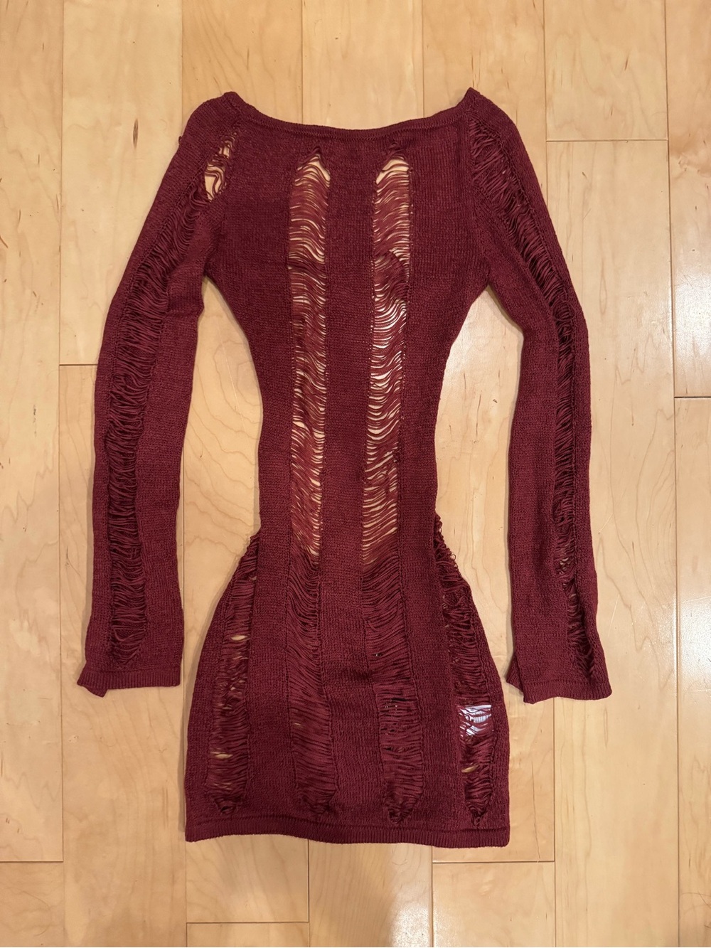 Jaded London Burgundy Umbra Distressed Long-Sleeve Bodycon Mini Dress